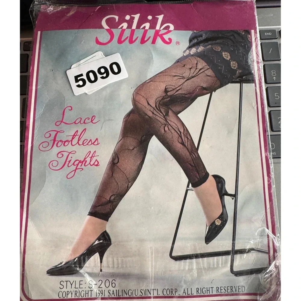Vintage Silik Womens Lace Footless Tights Large White Floral Mesh Leggings 90s